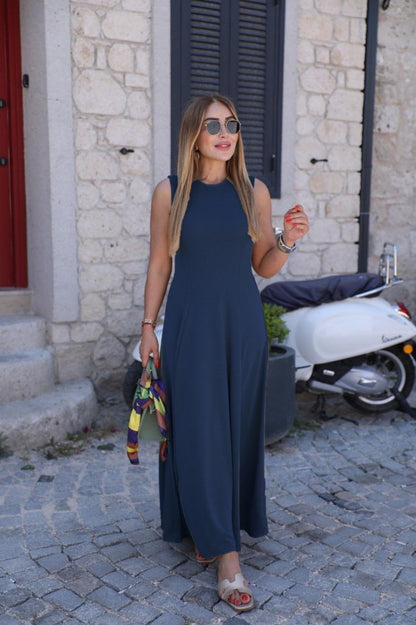 Kadın Sıfır Kollu Bisiklet Yaka Viskon Elbise