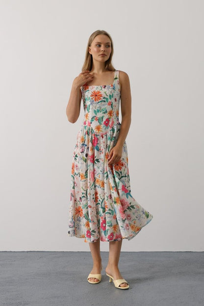 Çiçek Desenli Askılı Elbise - Pembe Çiçek