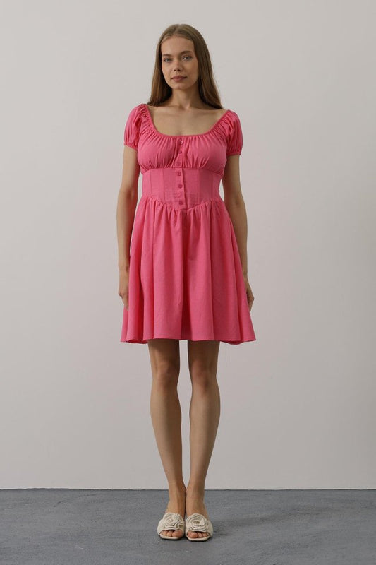 Beli Korseli Mini Elbise - Fuşya