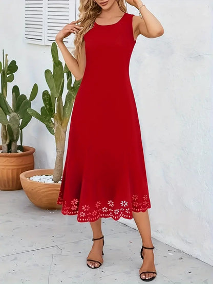 Kadın Kolsuz Etek Ucu Lazer Kesim çiçek Desenli Midi Boy Ithal Krep Elbise