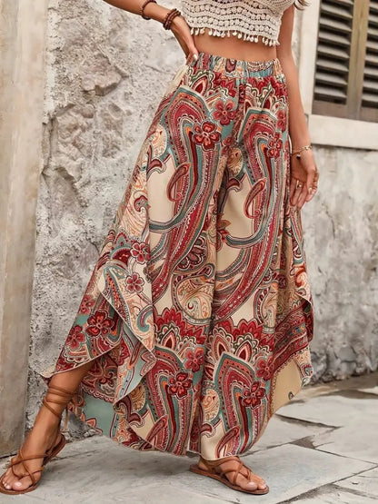 Kadın Yüksek Bel Beli Lastikli Desenli Geniş Paçalı Süprem Pantolon