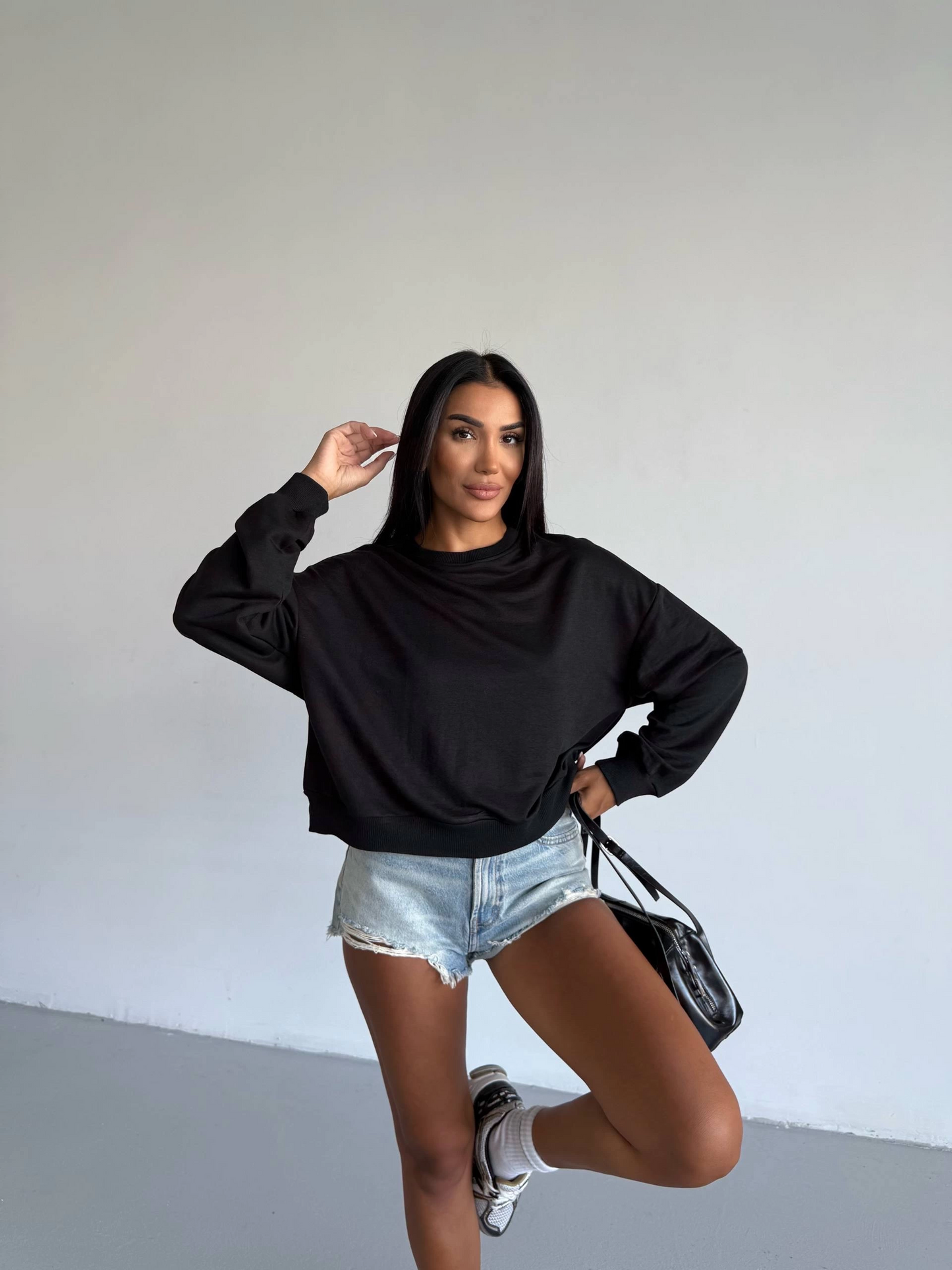 2 iplik bisiklet yaka sweat siyah f2339