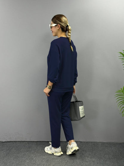 Kadın Uzun Kollu Bisiklet Yaka Viskon Iki Iplik Bluz Ve Pantolon Ikili Takım