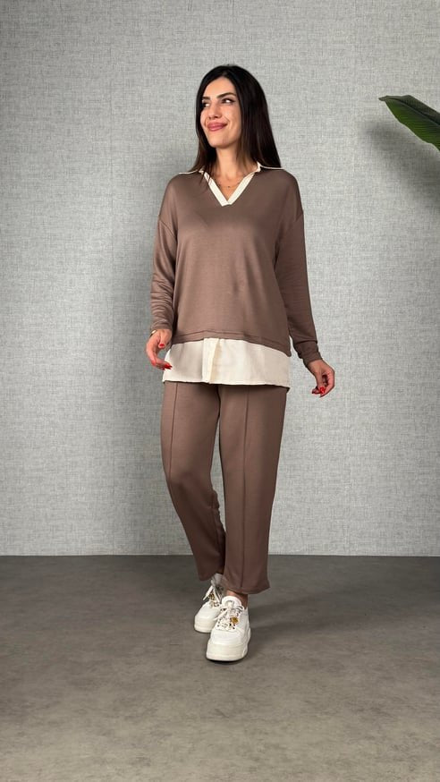 Polo Yaka Gömlek Detay Salaş Balon Pantolunlu ıkılı Takım