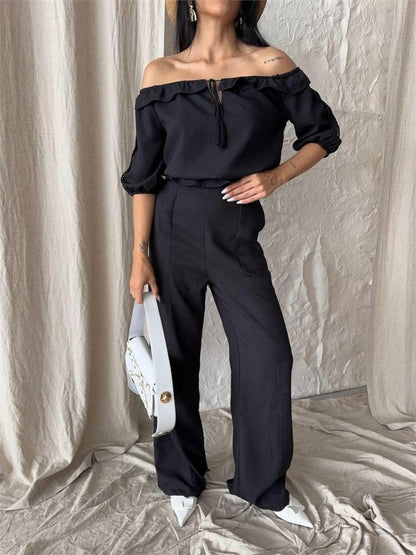KETEN MADONNA YAKA KOL HASIR ŞERİT - PANTOLON TAKIM - Siyah