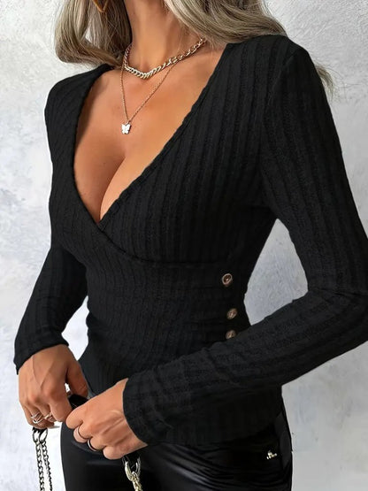 Kadın Uzun Kollu Kruvaze Yaka Yandan Düğme Detaylı şardonlu Kaşkorse Bluz