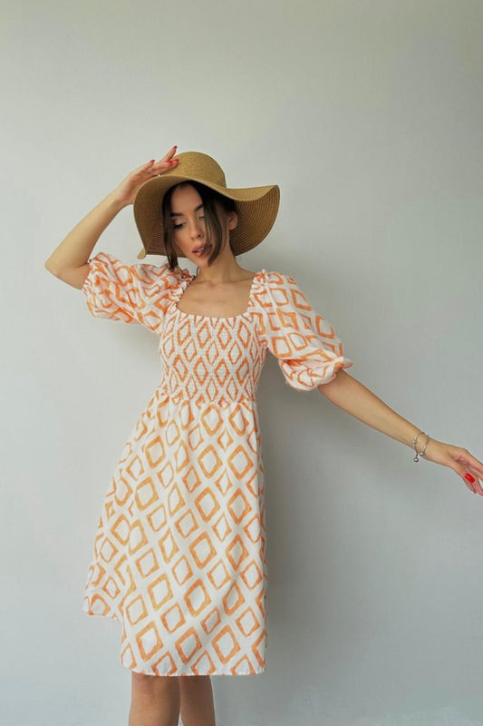 Oranj Kare Desenli Yazlık Elbise