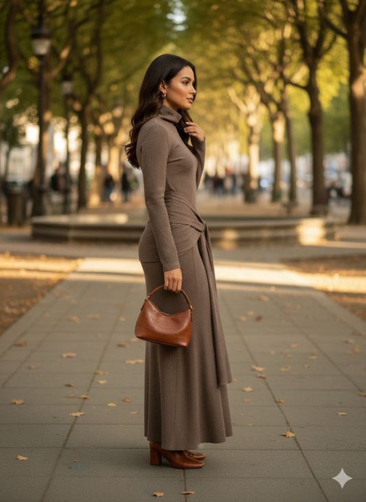 Kadın Uzun Kollubalıkçı Yaka Bürümcük Kumaş Kuşak Dahilkalem Elbise