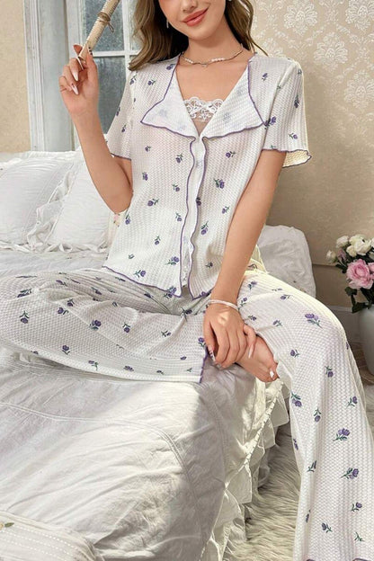 Beyaz Mor Lale Desenli Romantik Pijama Takımı 7335