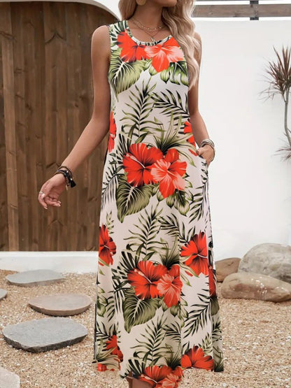 Kadın Askılı Yuvarlak Yaka Cepli Desenli Süprem Elbise