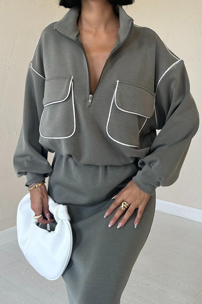 Haki Biyeli Sweatshirt Ve Etek Takım