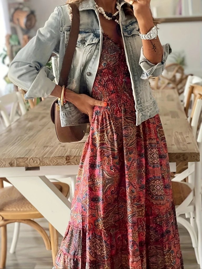 Kadın Kısa Kollu Kruvaze Yakalı Desenli Maksi Boy Süprem Elbise