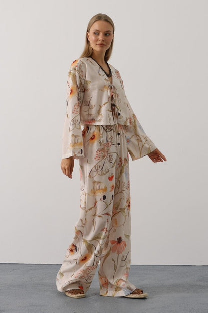 Çiçek Desen Önü Bağlamalı Pantolon Takım - Taş