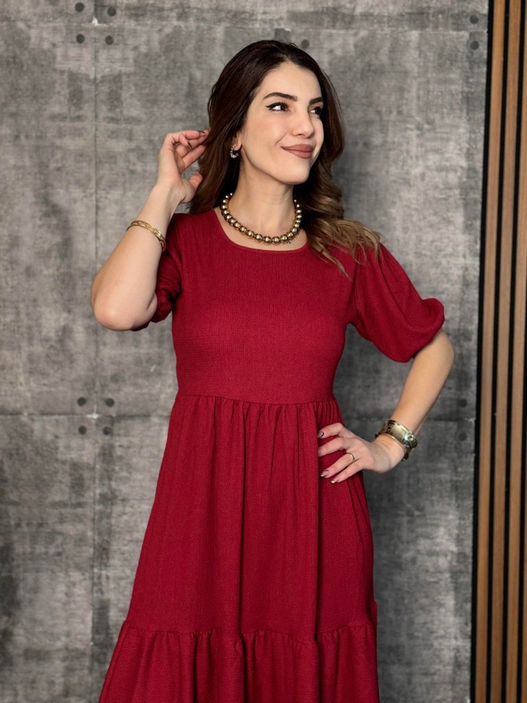 Kadın Kısa Kollu Yakası Açık Katlı Bürümcük Balon Elbise