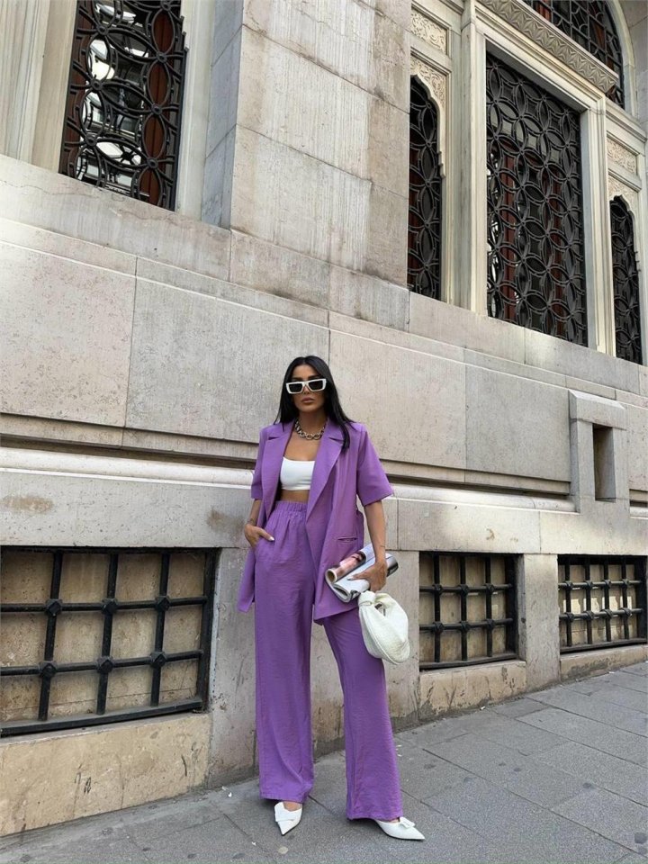 KISA KOL BAĞLAMA DETAYLI CEKET-PANTOLON TAKIM - Mor