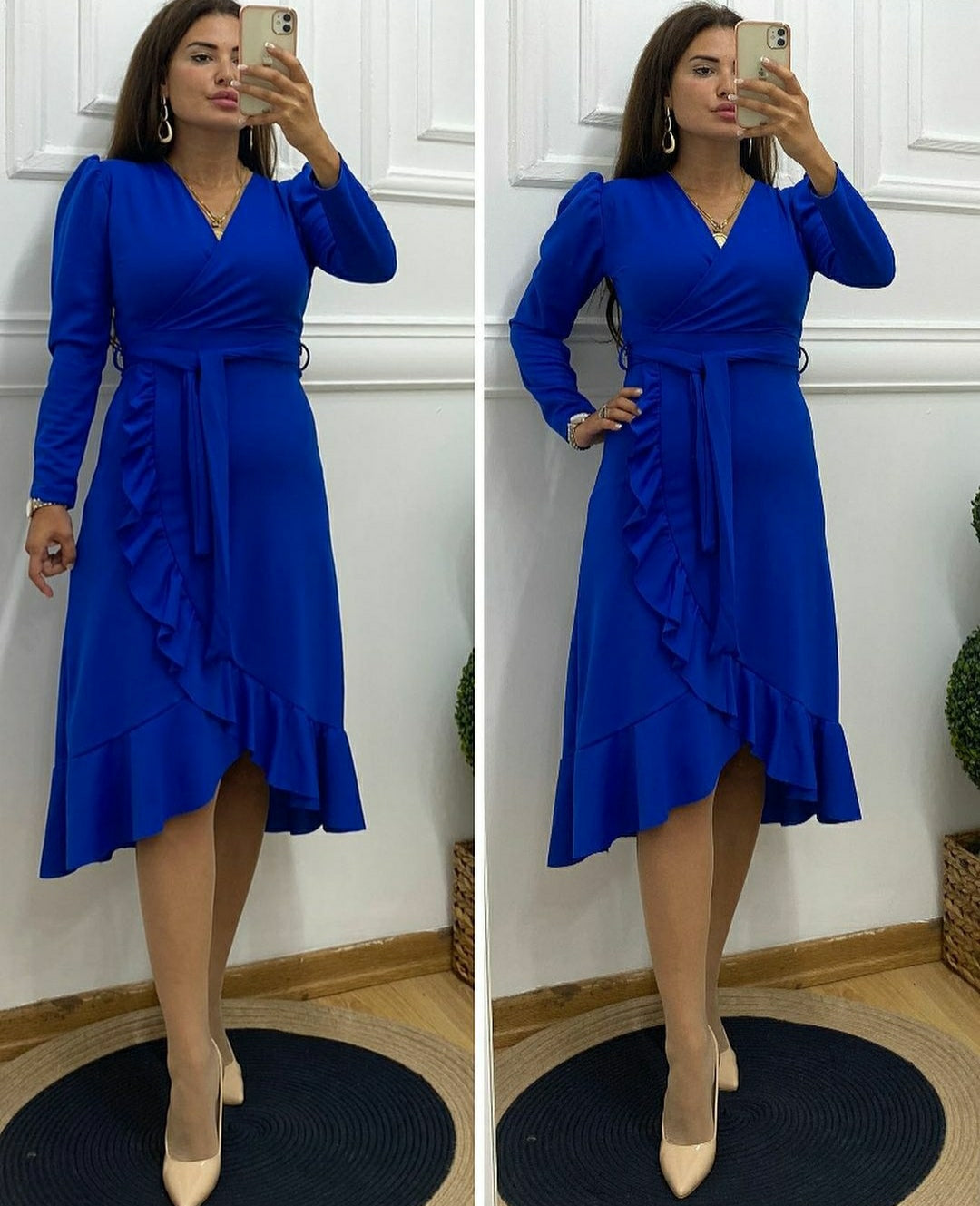 Krep Kumaş Midi Boy Kuşaklı Uzunkol Elbise