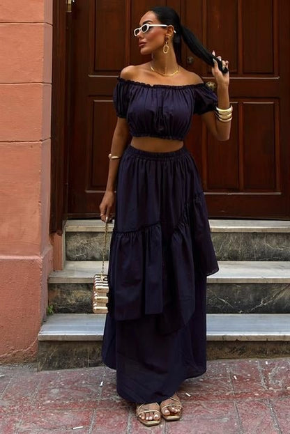 Büzgülü Crop Kat Detaylı Fırfır Etekli Takım 10196