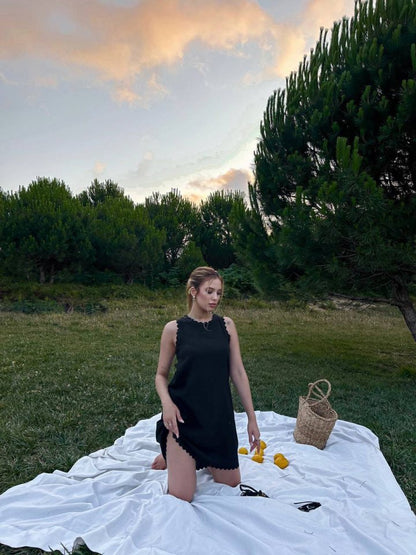 Kadın Keten Kumaş Kolsuz Mini Boy Elbise