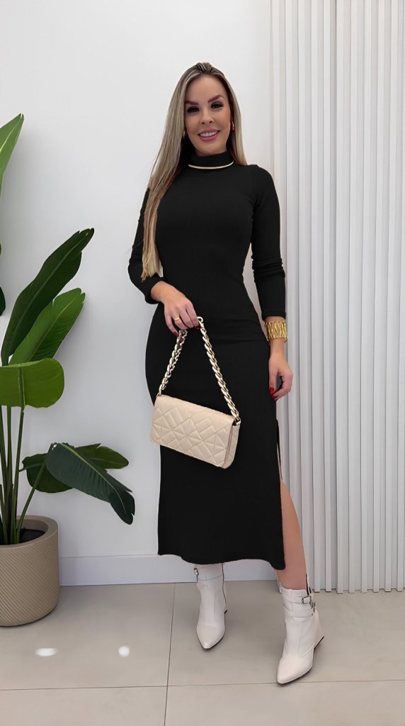 Kadın Uzun Kollu Balıkçı Yakalı Yanlardan Yırtmaçlı Kaşkorse Maxi Elbise