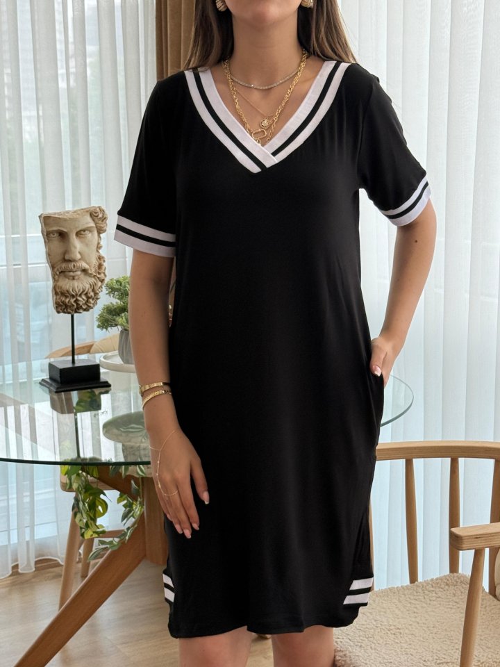 Kadın Kısa Kollu V Yaka Ribana Detaylı Cepli Dizüstü Viskon Elbise