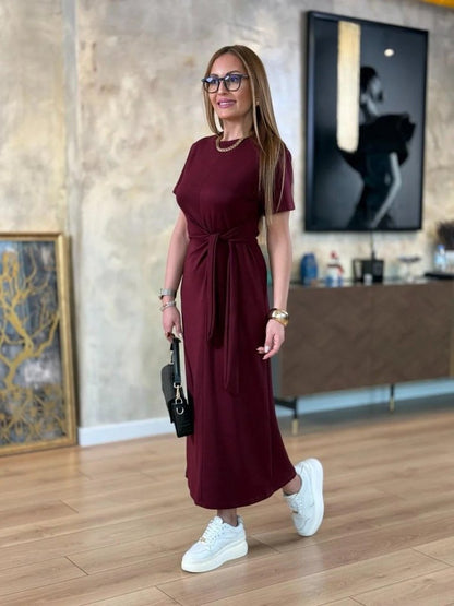 Kadın Kısa Kollu Bisiklet Yaka Yandan Bağlamalı Viskon Iki Iplik Elbise