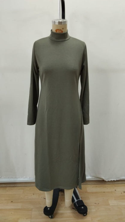 Kadın Uzun Kollu Balıkçı Yaka Derin Yırtmaç Detay Krep Elbise