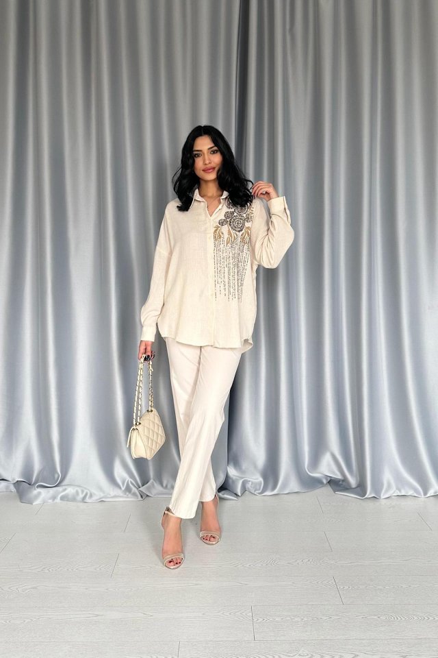 Krem Pulpayet Nakışlı Bedensiz Gömlek