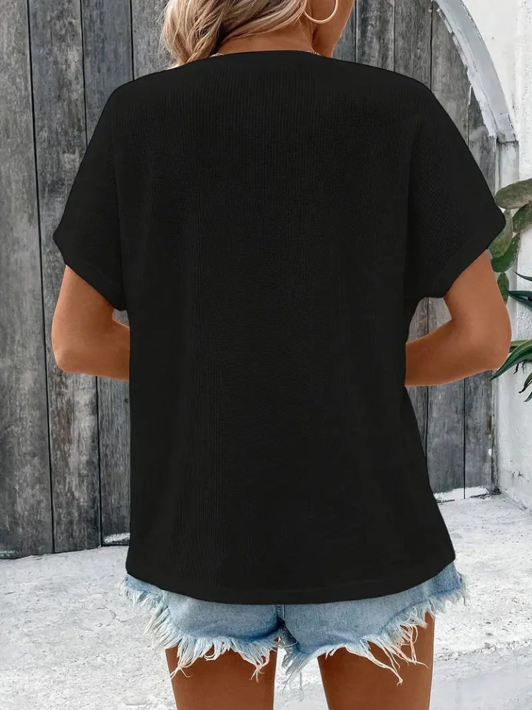 Kadın Kısa Kollu Yakası Açık önden Düğmeli Waffle Bluz