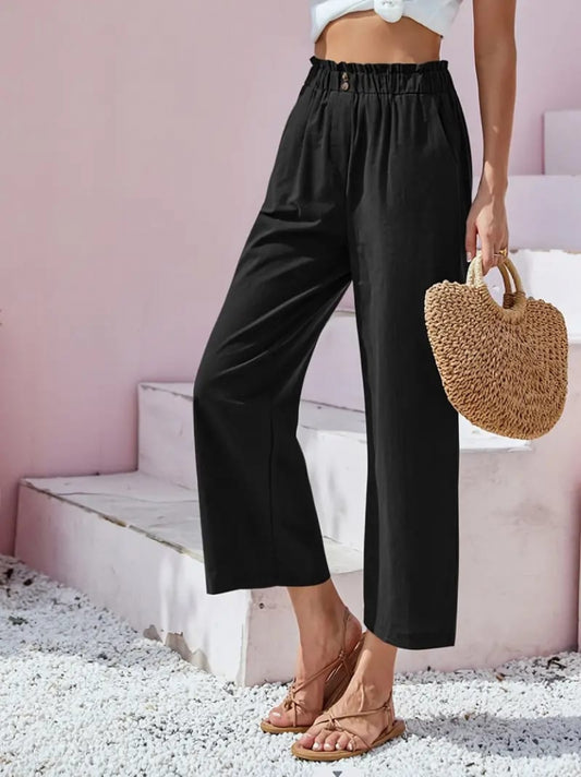 Kadın Bel Büzgü Ve Düğme Detay Kapri Keten Pantolon