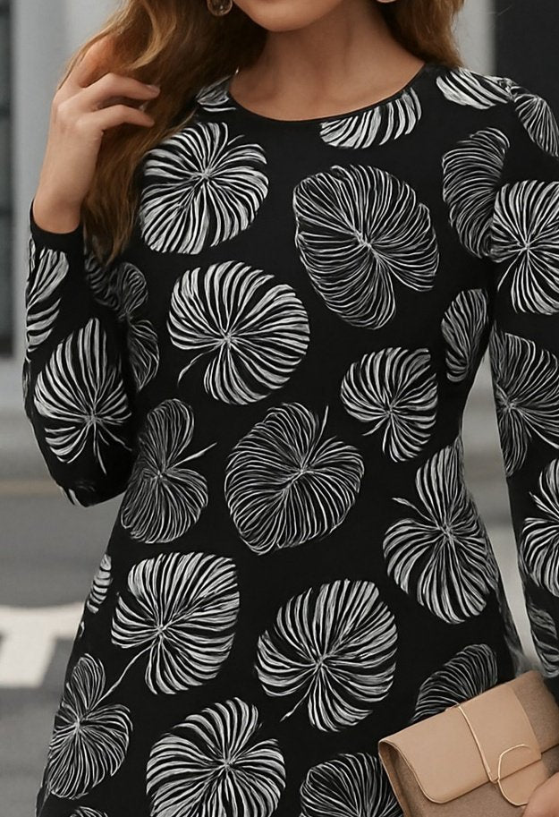 Kadın Uzun Kollu Bisiklet Yaka Desenli Kısa Krep Elbise