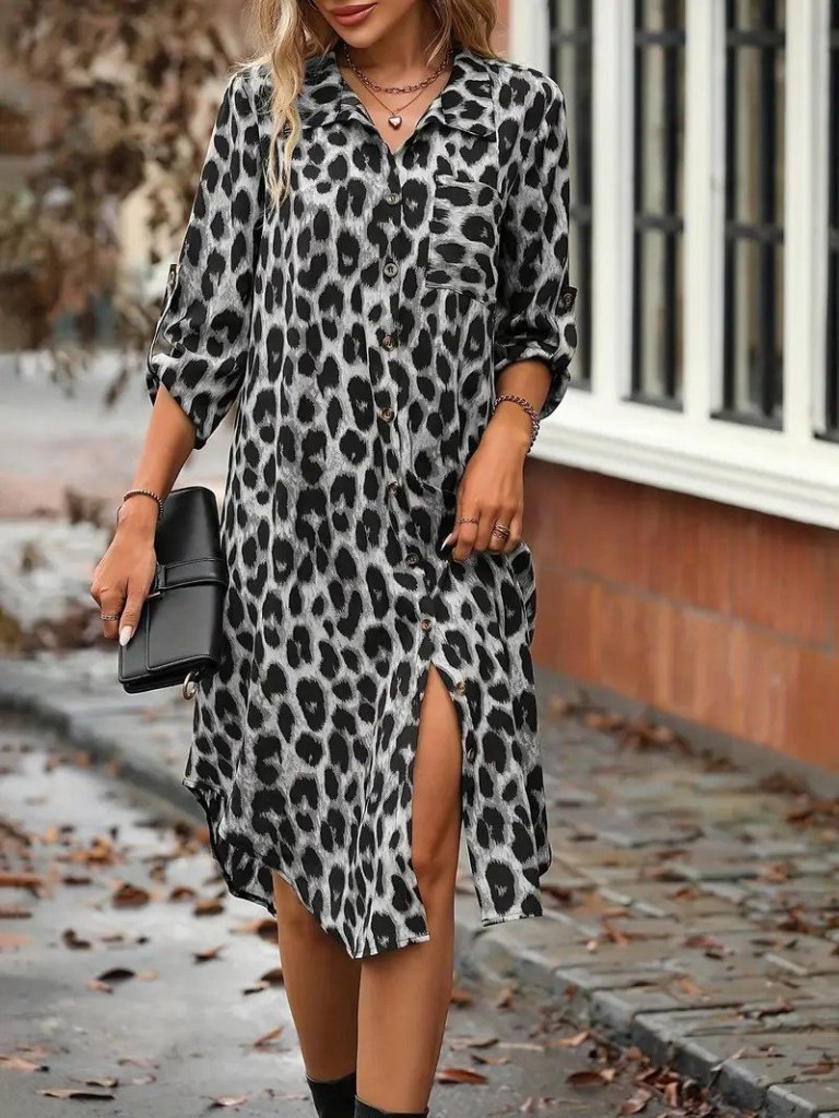 Kadın Uzun Kollu Yakalı önden Düğmeli Leopar Desenli Modal Midi Elbise