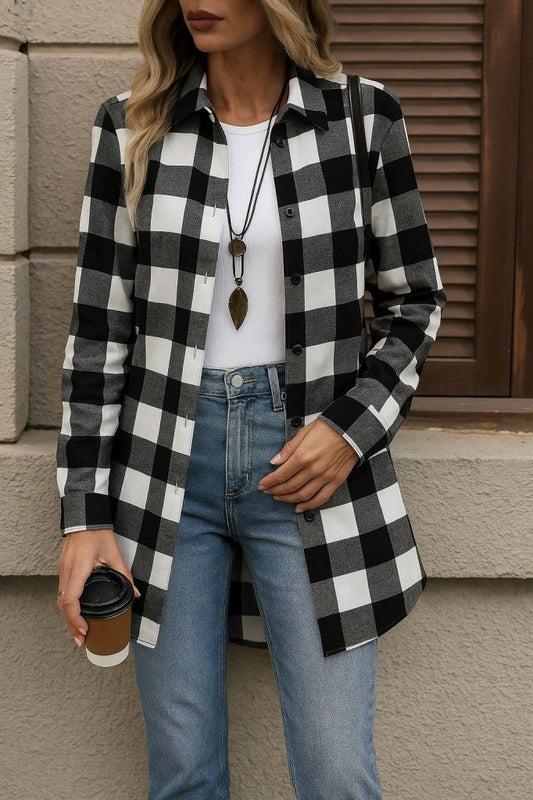 Kadın Uzun Kollu Ekoseli önden Düğmeli Dokuma Uzun Gömlek