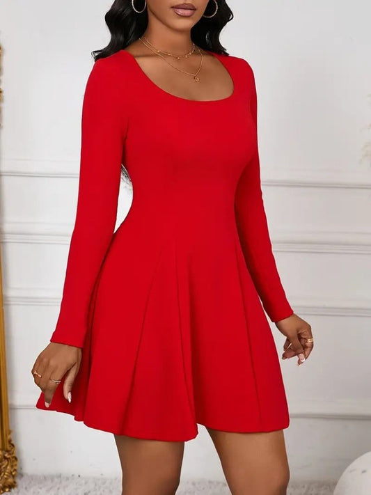 Kadın Uzun Kollu Kare Yakalı Mini Ithal Krep Elbise