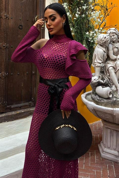 Saten Kuşaklı Ajurlu Triko Elbise 2847