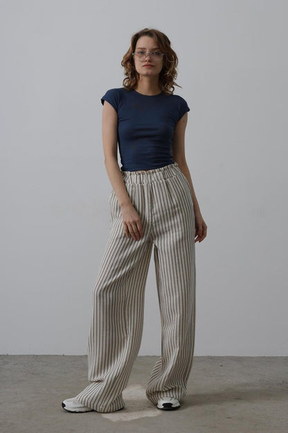 Çizgili Pamuklu Lastikli Pantolon - Bej-Lacivert