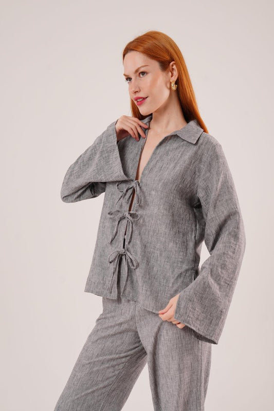 Ön Bağlama Detaylı Pantolon Ve Gömlek Antrasit İkili Takım