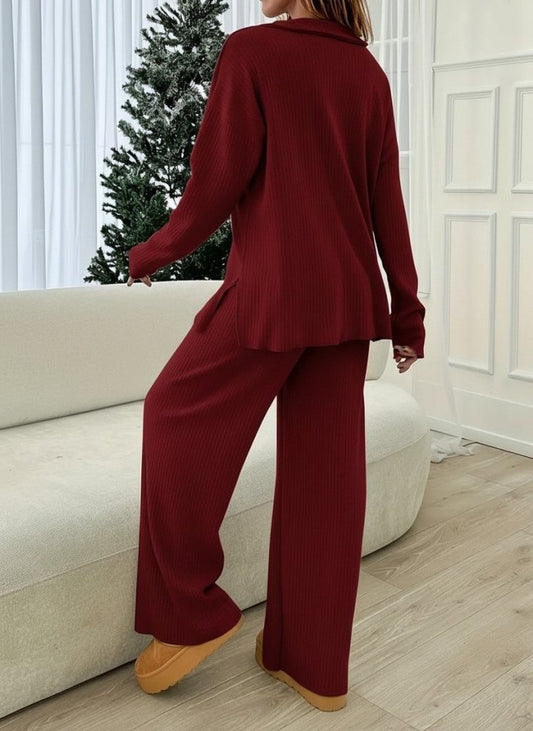 Kadın Uzun Kollu V Yakalı şardonlu Kaşkorse Bluz Ve Pantolon Ikili Takım