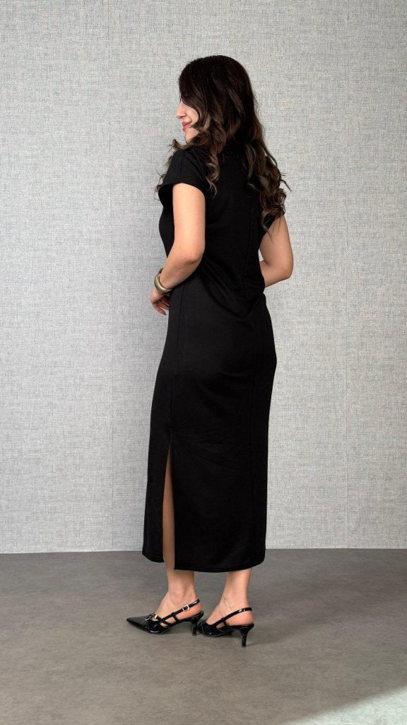 Kadın Kısa Kollu Yakalı Yandan Yırtmaçlı Viskon Iki Iplik Elbise