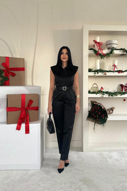 Siyah Vatkalı Kemerli Tulum