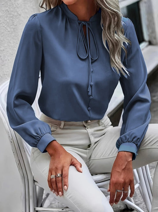 Kadın Uzun Kollu Yakalı Yakadan Bağcıklı Düğmeli Sandy Bluz