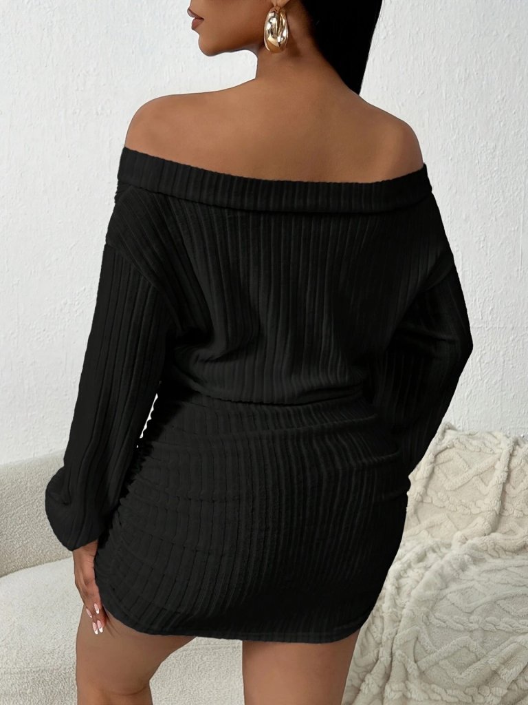 Kadın Uzun Kollu Madonna Yaka Yanlardan Büzgülü şardonlu Kaşkorse Mini Elbise