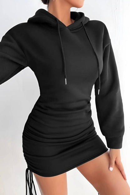 Kadın Uzun Kollu Kapüşon Ve Yandan Büzgü Detay Mini Elbise