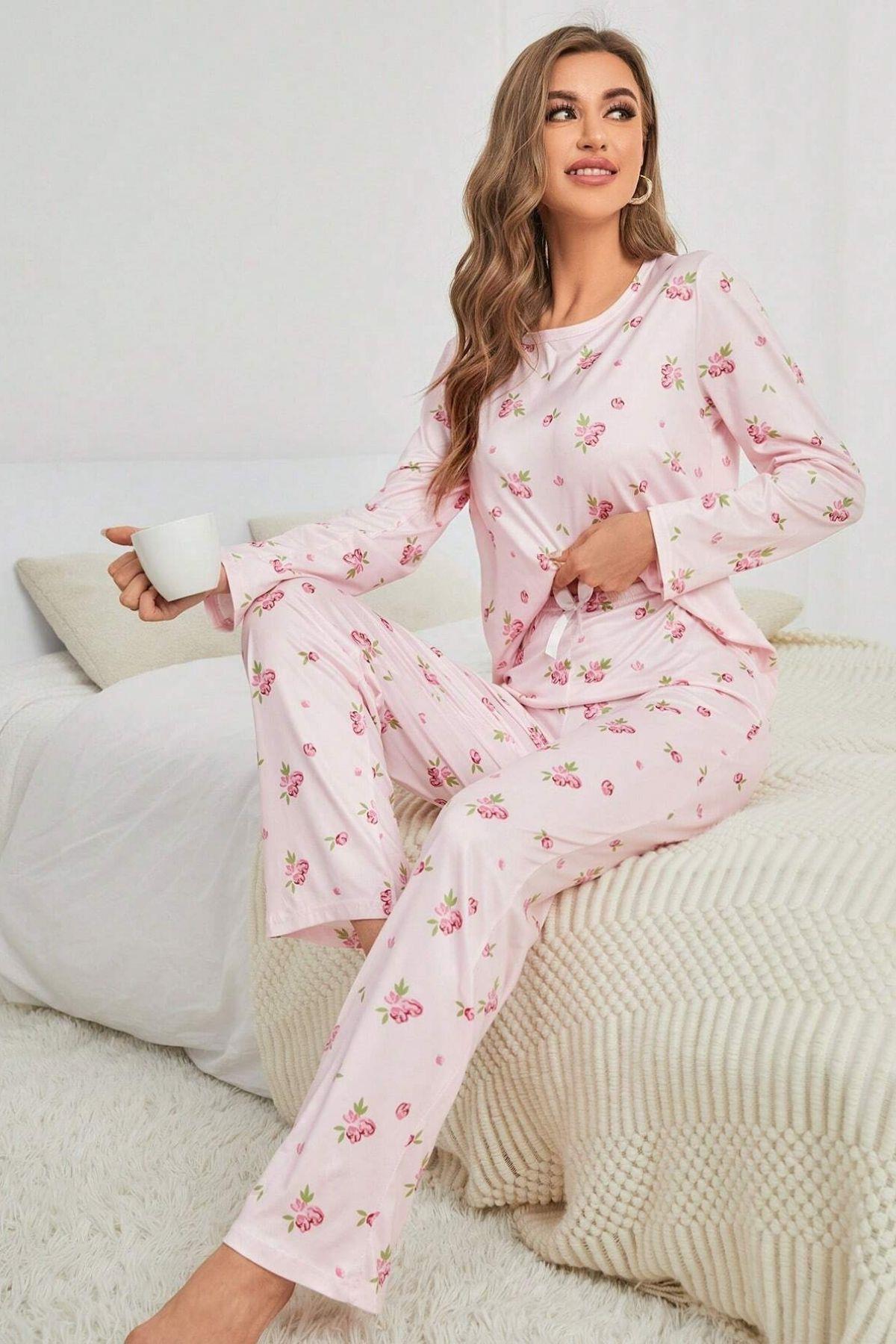 Pembe Çiçek Desenli Bisiklet Yaka Pijama Takımı 7131