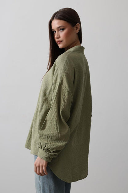 Çizgili Uzun Kol Gömlek - Haki