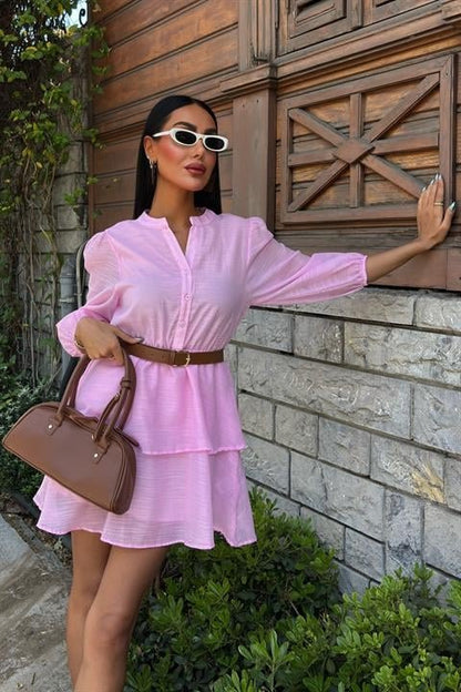 Deri Kemerli Fırfırlı Elbise 2901