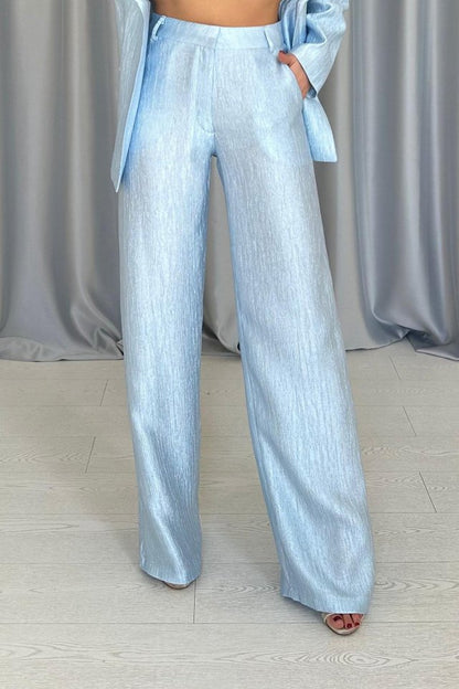 Mavi Beli Kuşaklı Ceket Ve Pantolon Parlak Takım