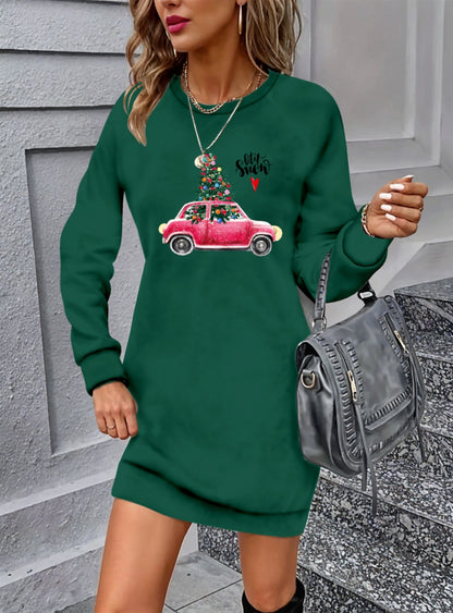 Kadın Uzun Kollu Bisiklet Yaka Desenli Viskon Iki Iplik Elbise