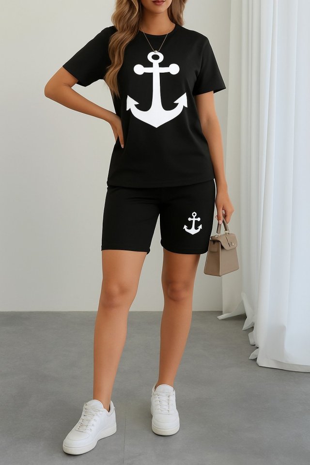 Kadın Kısa Kollu çapa Baskılı Viskon Ikili Takım