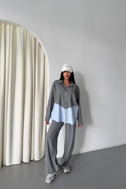 POLYVİSKON - POPLİN PARÇALI GÖMLEK PANTOLON TAKIM - Gri