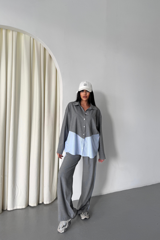 POLYVİSKON - POPLİN PARÇALI GÖMLEK PANTOLON TAKIM - Gri